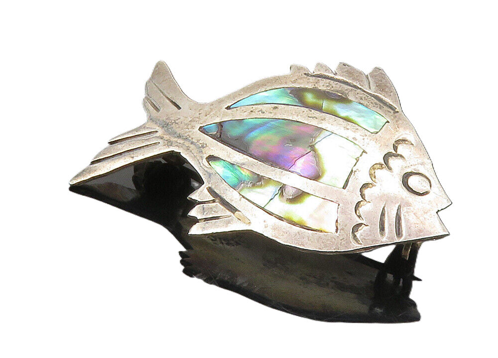 JRC MEXICO 925 Silver  Vintage Abalone Shell Fish Motif Brooch Pin  BP3620