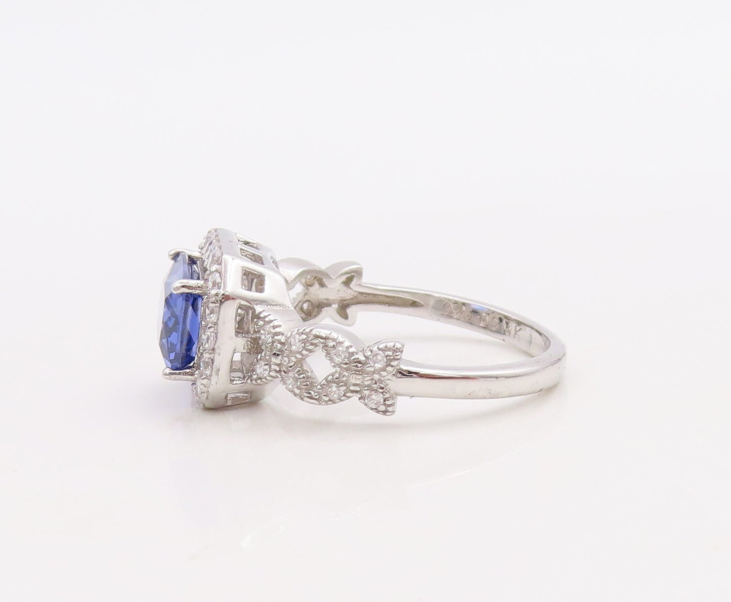 925 Sterling Silver Vintage Ring Designer Rectangle Sapphire & CZ Sz 7  RG30984