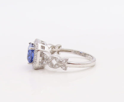 925 Sterling Silver Vintage Ring Designer Rectangle Sapphire & CZ Sz 7  RG30984