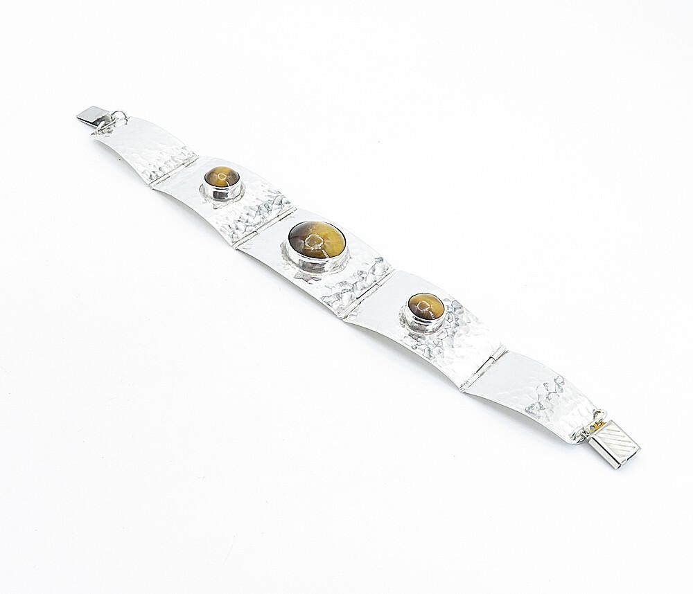 ISRAEL 925 Silver  Vintage Tiger's Eye Shiny Hammered Chain Bracelet  BT2178