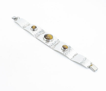 ISRAEL 925 Silver  Vintage Tiger's Eye Shiny Hammered Chain Bracelet  BT2178