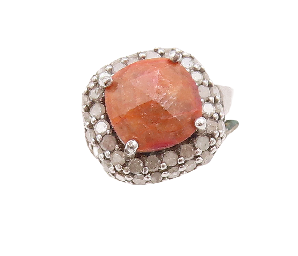 925 Sterling Silver Vintage Ring Square Gemstone & Diamonds  Sz 8 RG29489