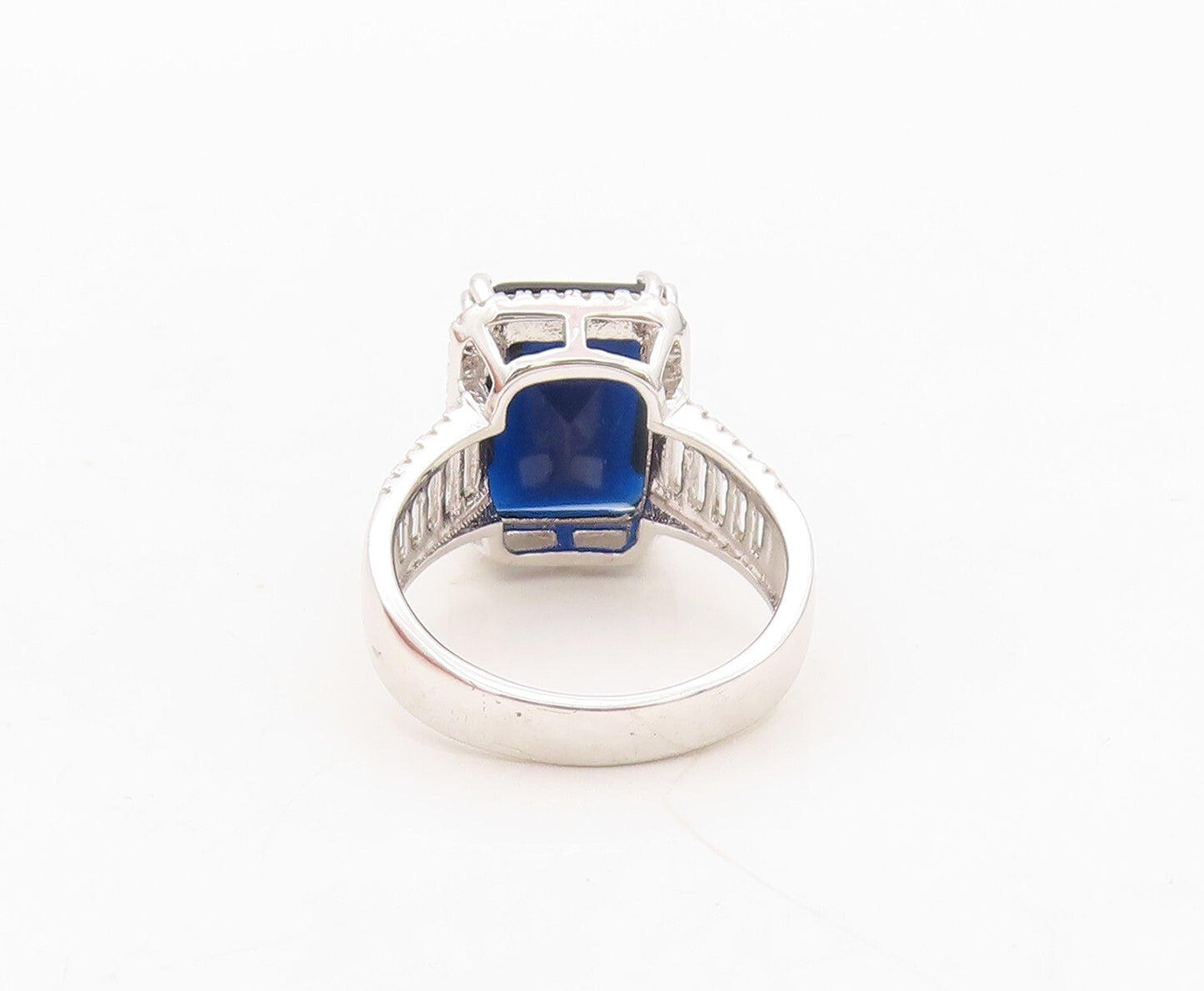 925 Sterling Silver Vintage Ring Rectangle Sapphire & CZ Inlay  Sz 7.5  RG30374