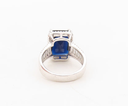 925 Sterling Silver Vintage Ring Rectangle Sapphire & CZ Inlay  Sz 7.5  RG30374