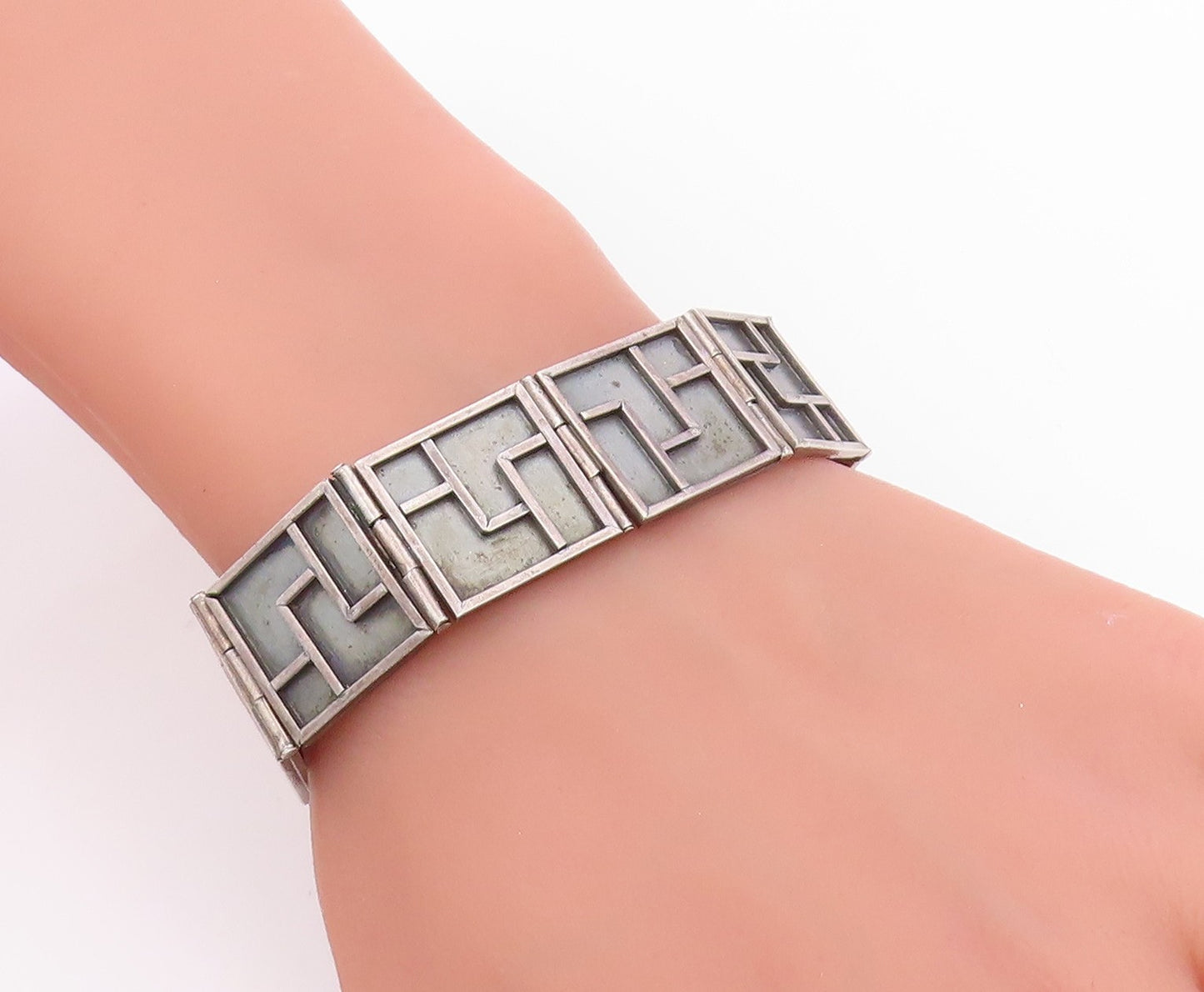 925 Sterling Silver Vintage Bracelet Modernist Geometric Panel Link  BT12037