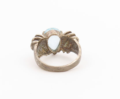 925 Sterling Silver Vintage Ring Pear Cut Blue Topaz Fluted Band  Sz 6  RG36335