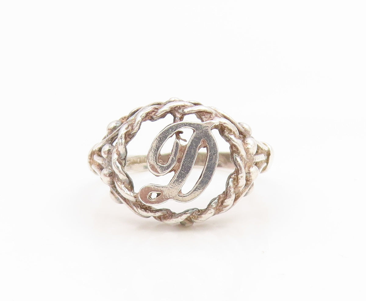 925 Sterling Silver Vintage Ring Letter D Initial Twisted Rope Band Sz 6 RG35298