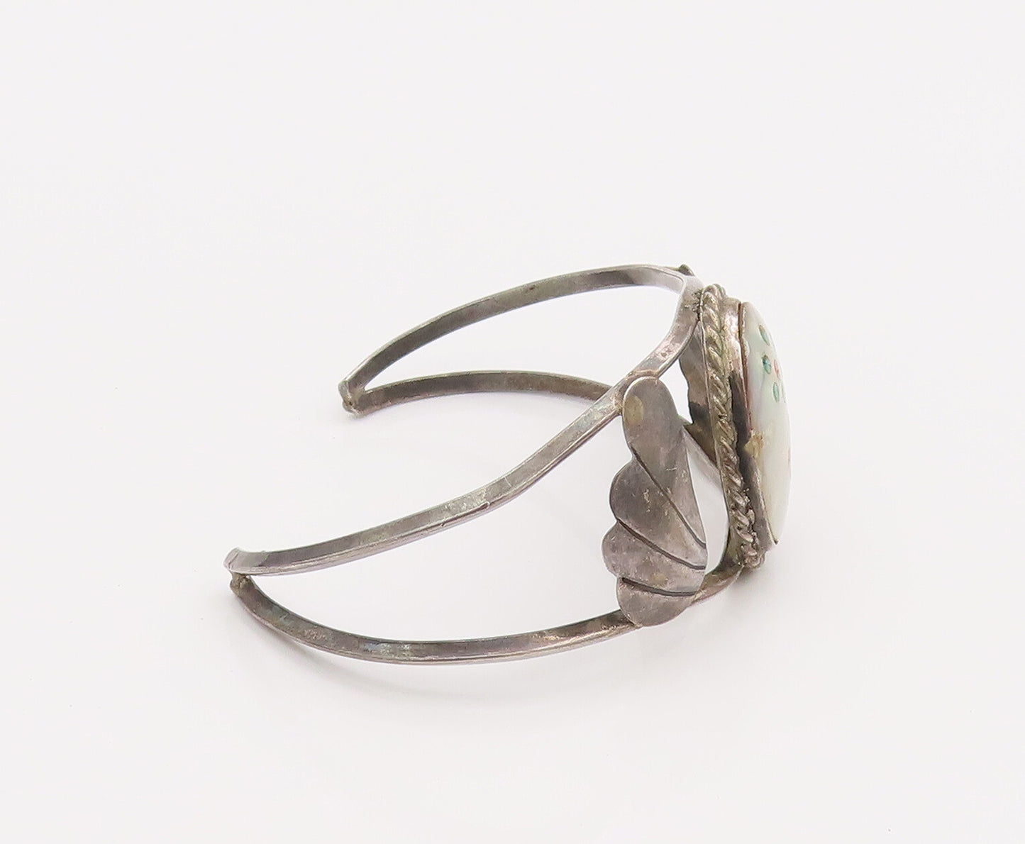 925 Sterling Silver Vintage Bracelet NAVAJO ZUNI Mother Of Pearl Flower  BT10165