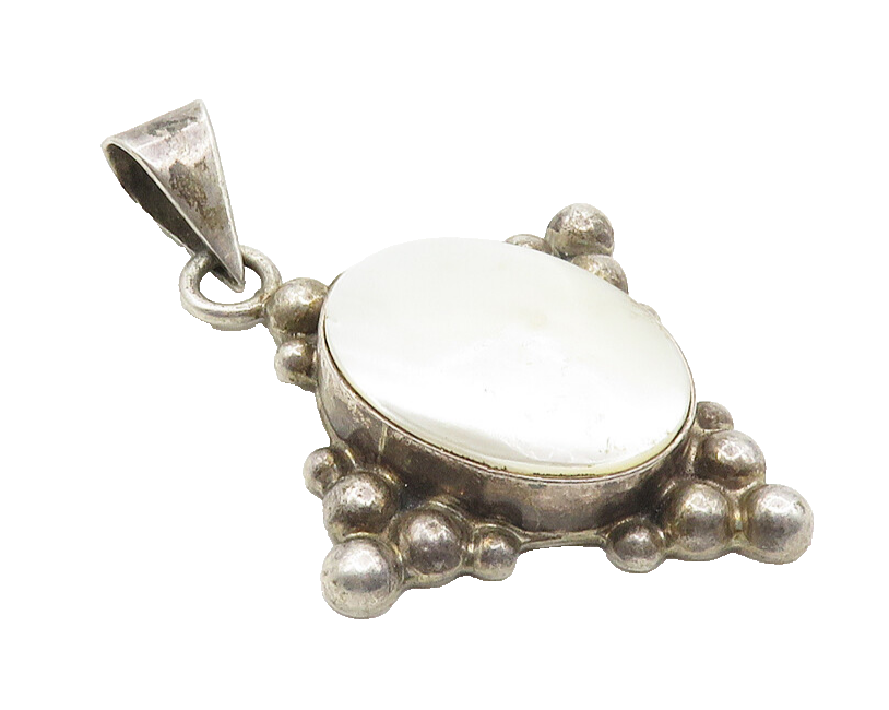 MEXICO 925 Sterling Silver  Vintage Mother Of Pearl Dark Tone Pendant  PT7748