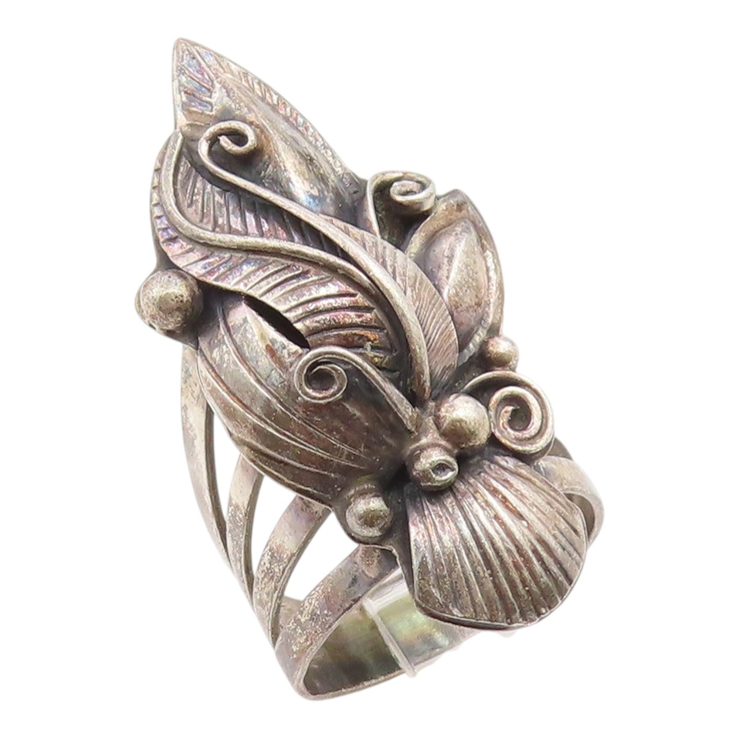 925 Sterling Silver Vintage Ring NAVAJO Flower & Feather Band  Sz 8.5  RG36123