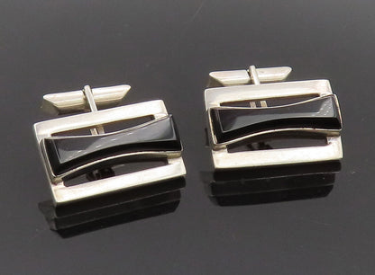 RIC MEXICO 925 Silver  Vintage Modernist Hour Glass Cut Onyx Cuff Links TR3543