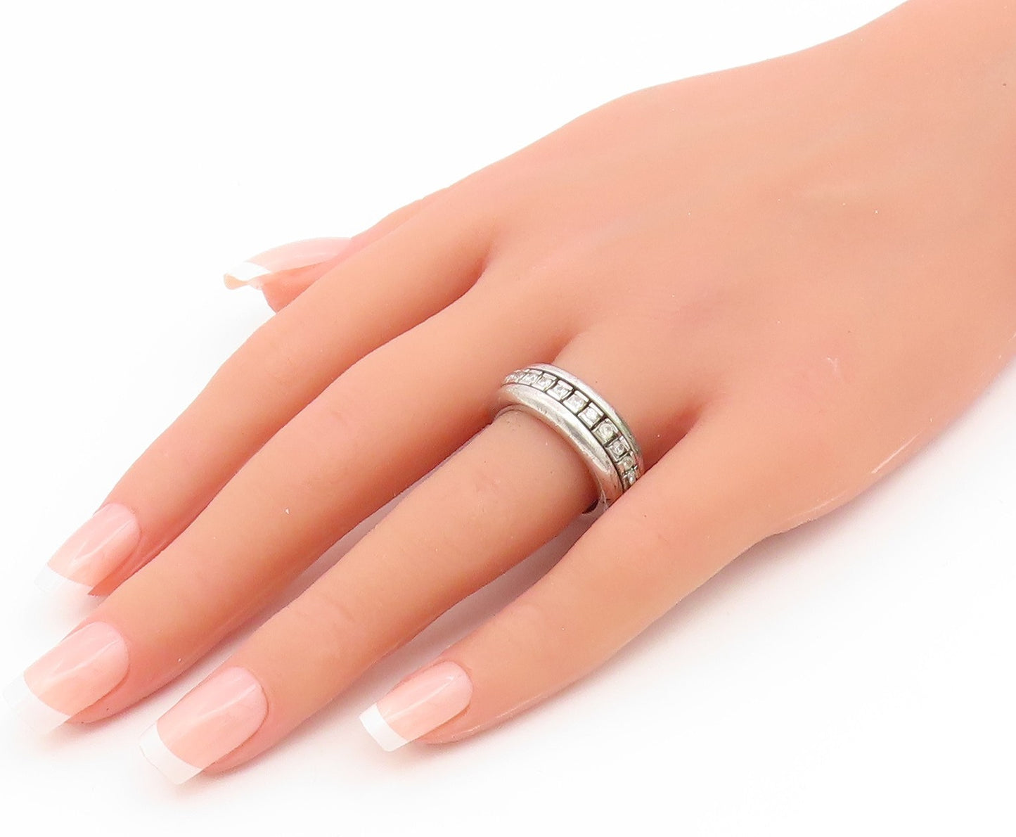 925 Sterling Silver Vintage Ring Channel Set CZ Classic Wide Band  Sz 8  RG35082