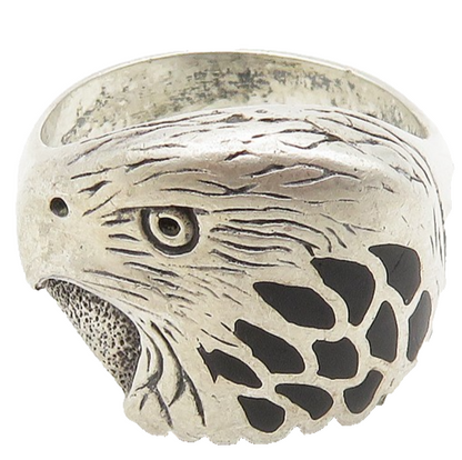 SOUTHWESTERN 925 Silver Vintage Black Onyx Eagle Band Ring Sz 8.5 RG17576