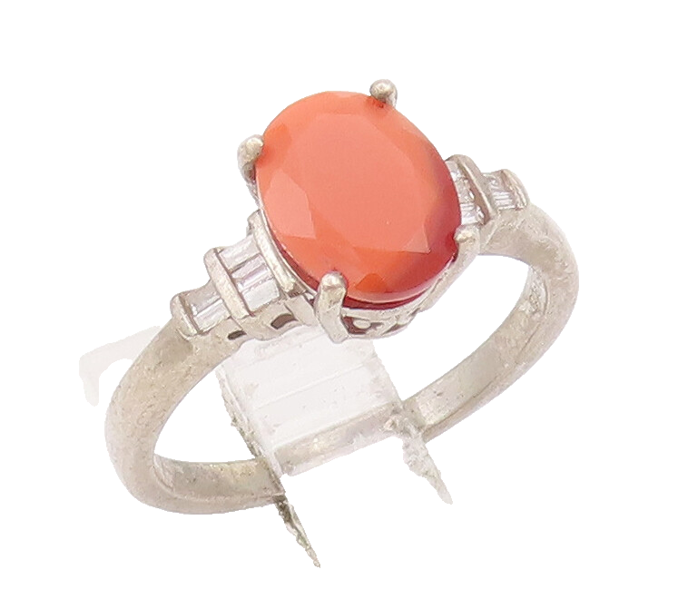 925 Sterling Silver Vintage Ring Oval Gemstone Diamonds Side Stones Sz 7 RG28071