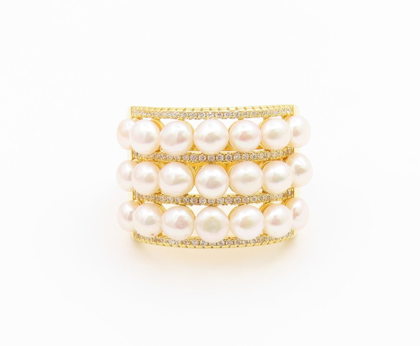 925 Sterling Silver Vintage Ring Gold Plated Multi Row Pearl Band Sz 10 RG36783