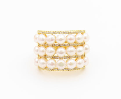 925 Sterling Silver Vintage Ring Gold Plated Multi Row Pearl Band Sz 10 RG36783
