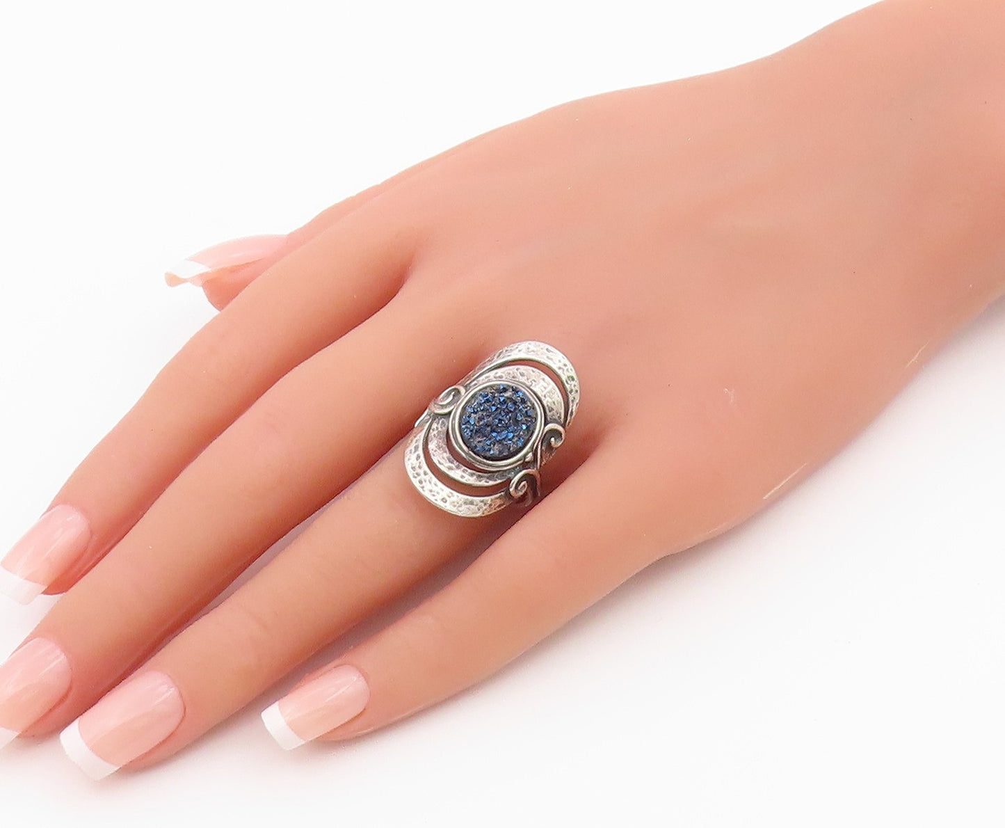 925 Sterling Silver Vintage Ring OR PAZ ISRAEL Drusy Quartz Band Sz 8.5 RG36450