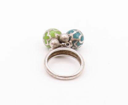 925 Sterling Silver Vintage Ring Floral Design Enameled Beads  Sz 6.5  RG32378