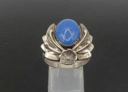 NAVAJO 925 Silver  Vintage Lapis Lazuli Floral Leaf Band Ring Sz 9  RG23660