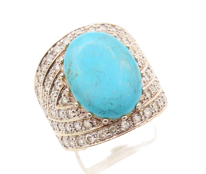 925 Sterling Silver Vintage Ring Gold Plated Large Turquoise & CZ  Sz 7  RG31031