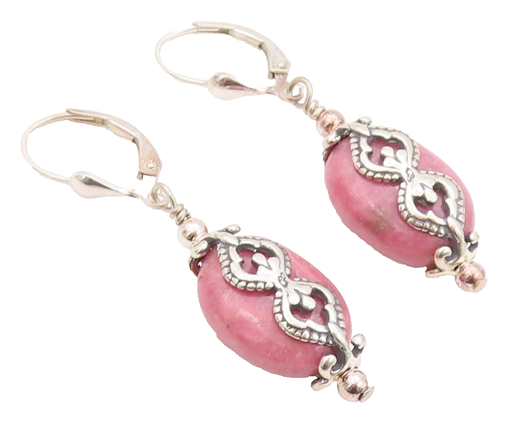 925 Sterling Silver Vintage Earrings Modernist Pink Gemstone Carved  EG13448