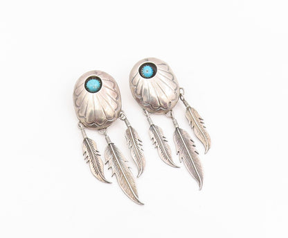925 Sterling Silver Vintage Earrings NAVAJO Turquoise Concho Feathers  EG13990