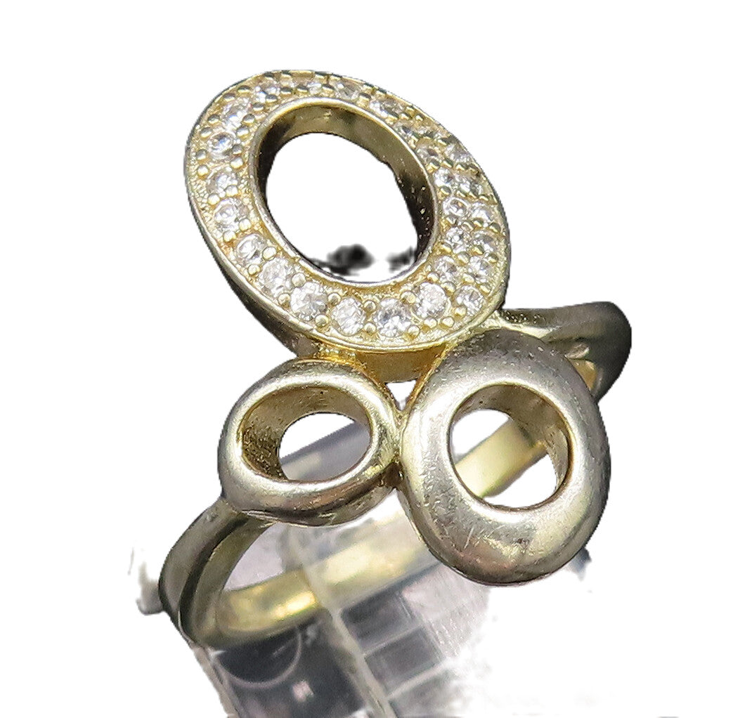 925 Silver  Vintage Gold Plated Cubic Zirconia Open Circles Ring Sz 6  RG26029