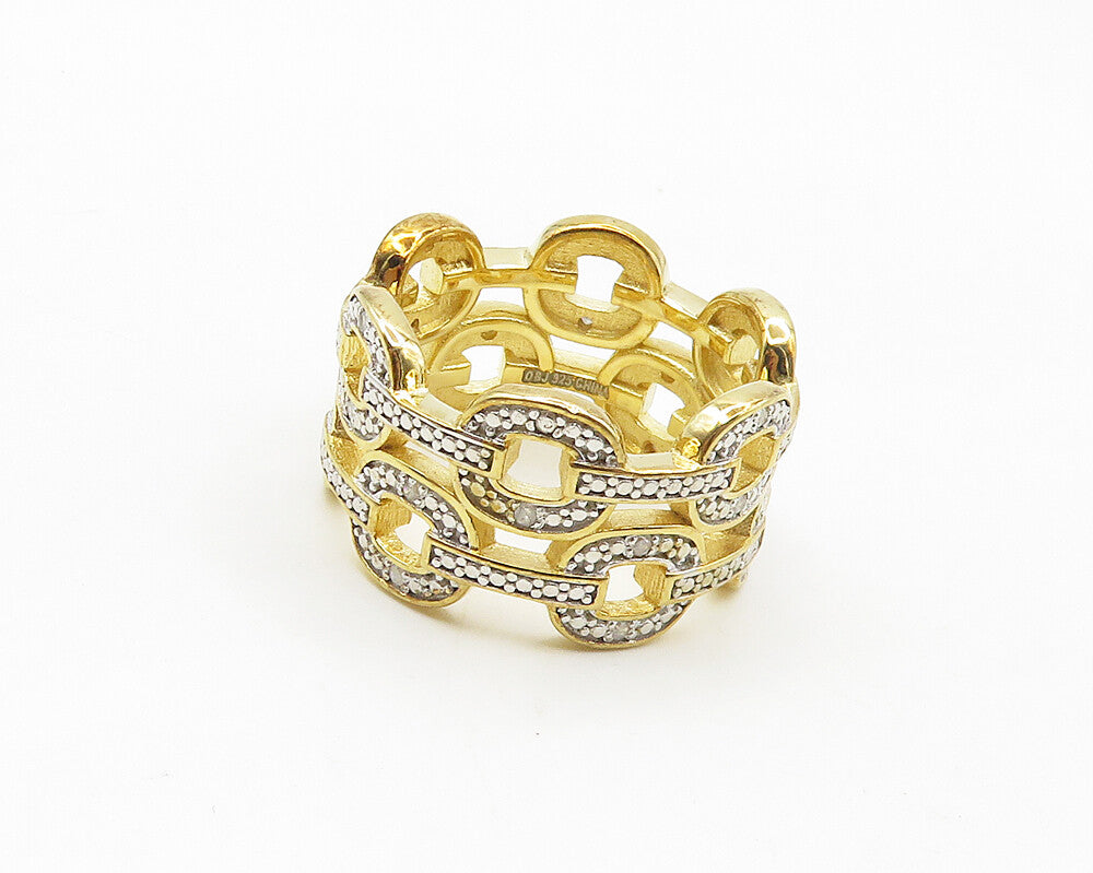 925 Sterling Silver  Genuine Diamonds Gold Plated Band Ring Sz 7  RG18110