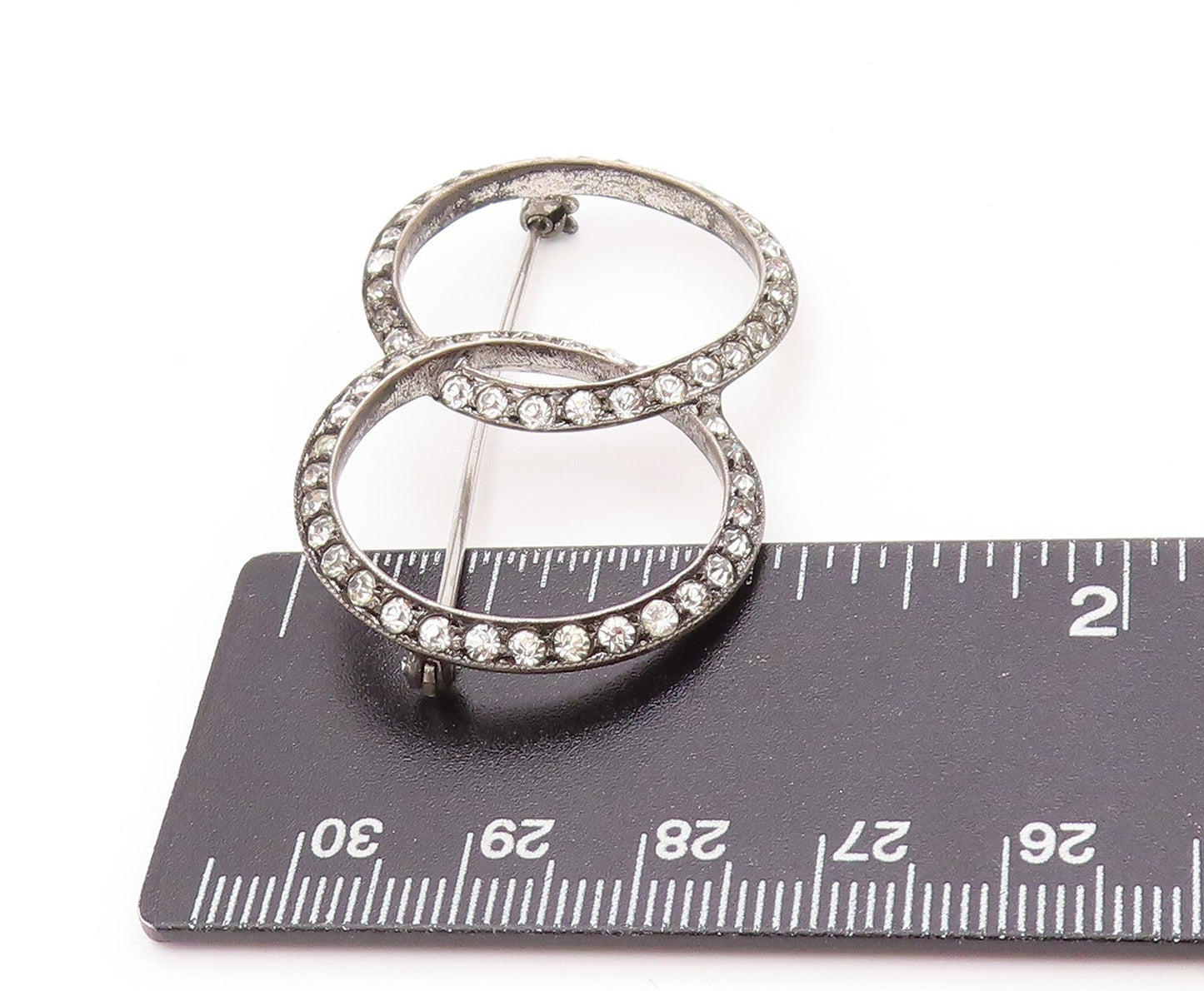 925 Sterling Silver Vintage Brooch Dark Tone CZ Interlocked Rings  BP11506