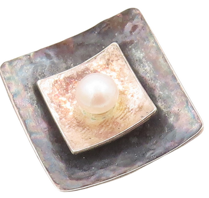 925 Sterling Silver Vintage Pendant Designer Square Cutout Pearl Beaded  PT23610