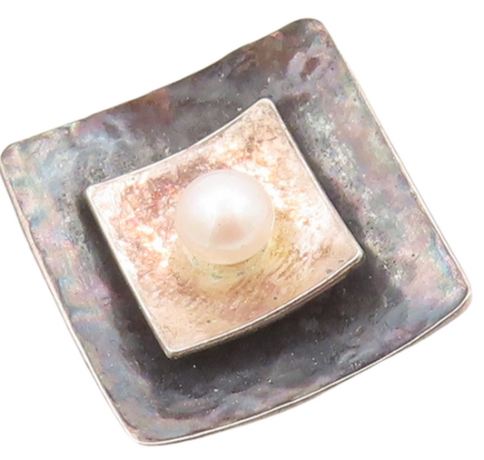 925 Sterling Silver Vintage Pendant Designer Square Cutout Pearl Beaded  PT23610