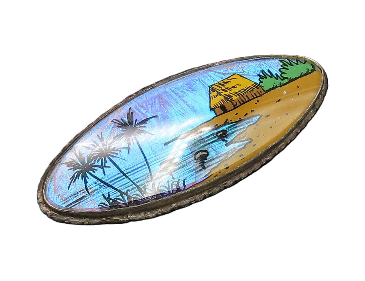 BRAZIL 925 Sterling Silver  Vintage Beach Scenery Art Glass Brooch Pin  BP9804