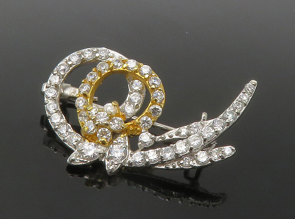 925 Sterling Silver  Sparkling Cubic Zirconia Floral Swirl Brooch Pin  BP5577