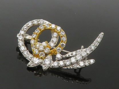 925 Sterling Silver  Sparkling Cubic Zirconia Floral Swirl Brooch Pin  BP5577