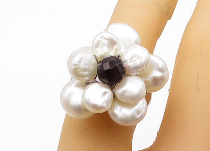 925 Sterling Silver  Pearls & Black Sapphire Flower Cocktail Ring Sz 6  RG4737