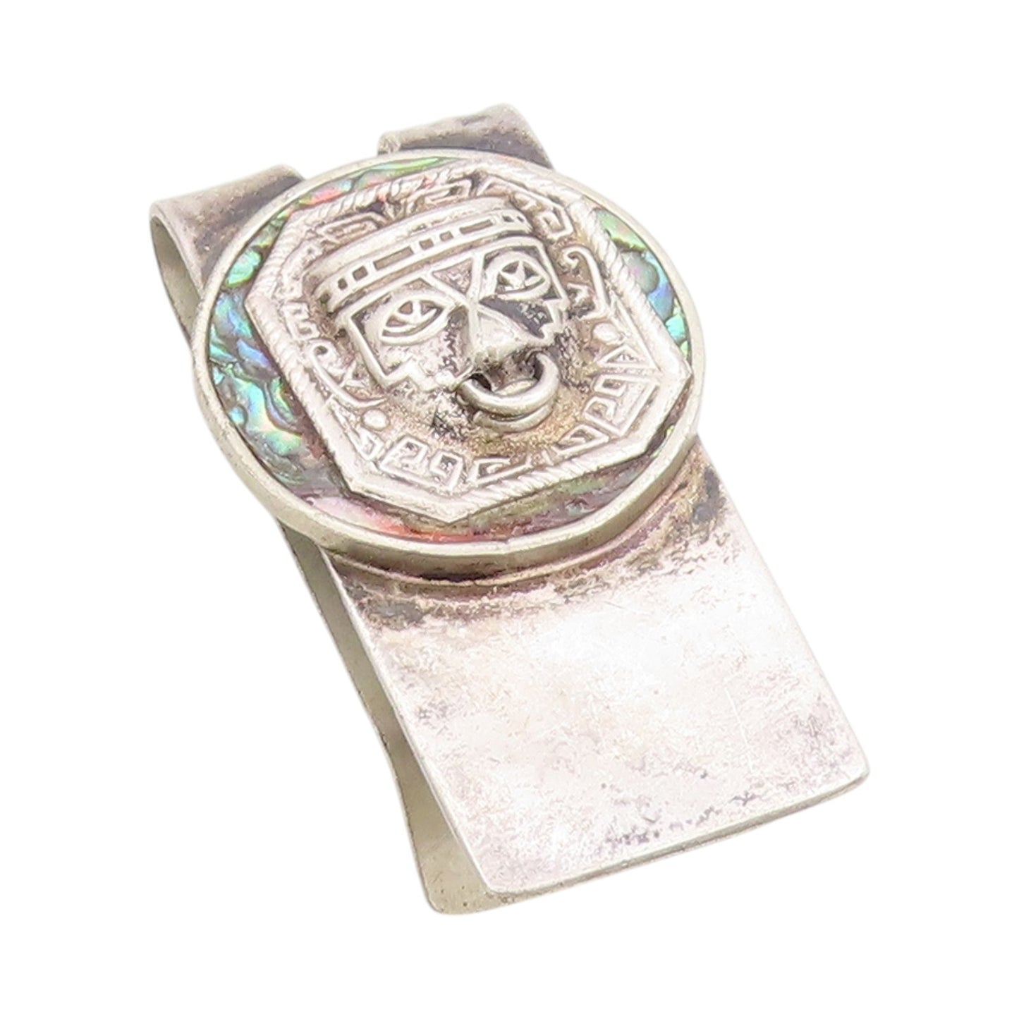 925 Sterling Silver Vintage Money Clip Abalone Inlay Aztec Sun God Motif  TR3970