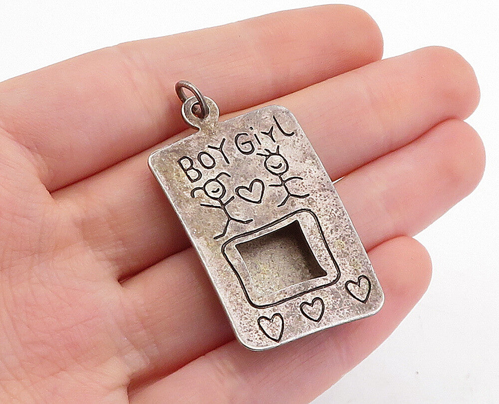 925 Sterling Silver  Vintage Dark Tone Boy Girl Picture Frame Pendant  PT3482