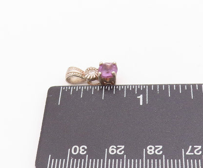 925 Sterling Silver Vintage Pendant Round Amethyst & CZ Etched Charm  PT24751
