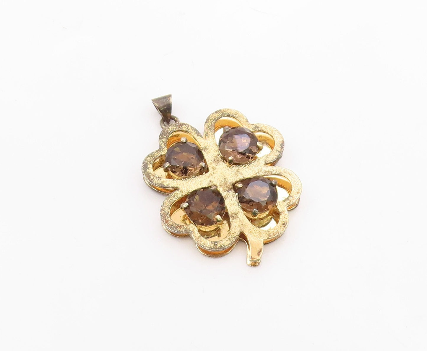 925 Silver  Vintage Smoky Topaz Gold Plated Clover Good Luck Pendant  PT18418