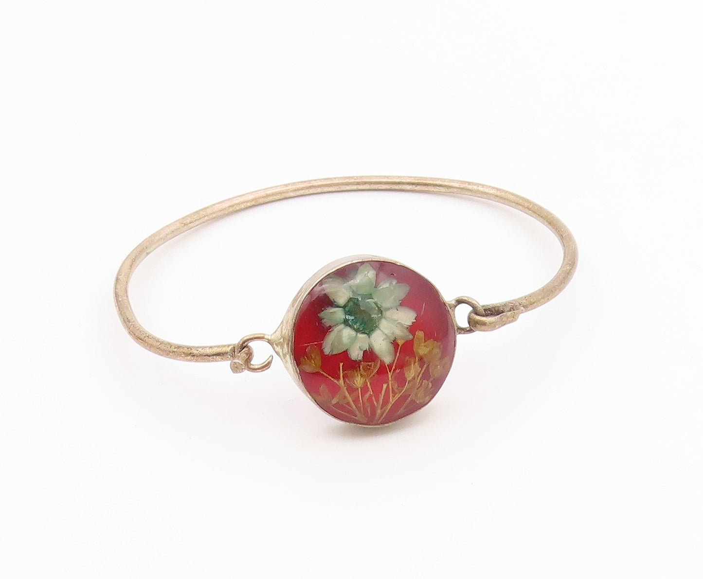 925 Sterling Silver  Vintage Flower Glass Art Bangle Bracelet  BT9652