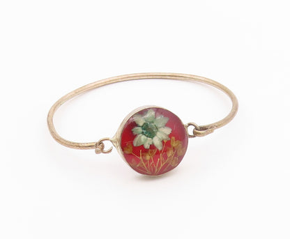 925 Sterling Silver  Vintage Flower Glass Art Bangle Bracelet  BT9652
