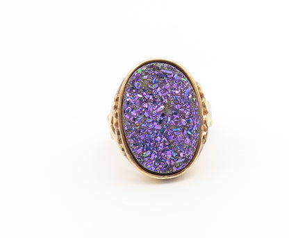 925 Sterling Silver Vintage Ring Gold Plated Drusy Quartz Band  Sz 10  RG36946