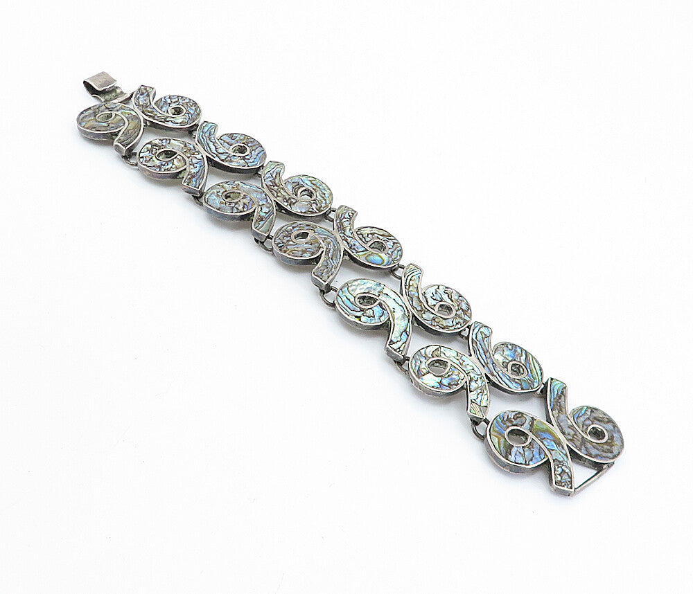 MEXICO 925 Silver Vintage Inlaid Abalone Shell 96 Link Chain Bracelet BT2975