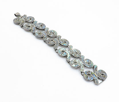 MEXICO 925 Silver Vintage Inlaid Abalone Shell 96 Link Chain Bracelet BT2975