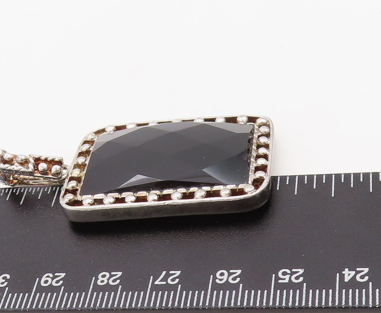 925 Sterling Silver Vintage Pendant Rectangle Cut Onyx Beaded Frame  PT23501