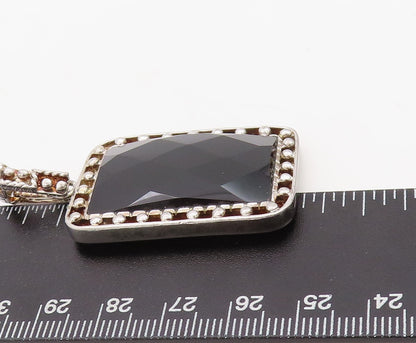 925 Sterling Silver Vintage Pendant Rectangle Cut Onyx Beaded Frame  PT23501