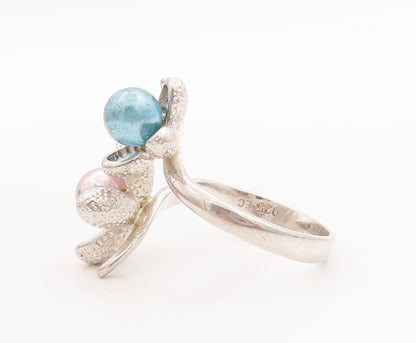 925 Sterling Silver Vintage Ring Blue & Pink Pearl Beaded Flowers  Sz 9  RG28981