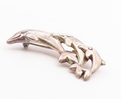 925 Sterling Silver  Vintage Shiny Triple Leaping Dolphins Brooch Pin  BP3505