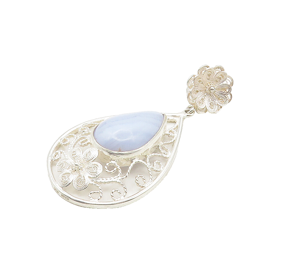 925 Sterling Silver  Cabochon Tear Drop Agate Floral Swirl Pendant  PT12213