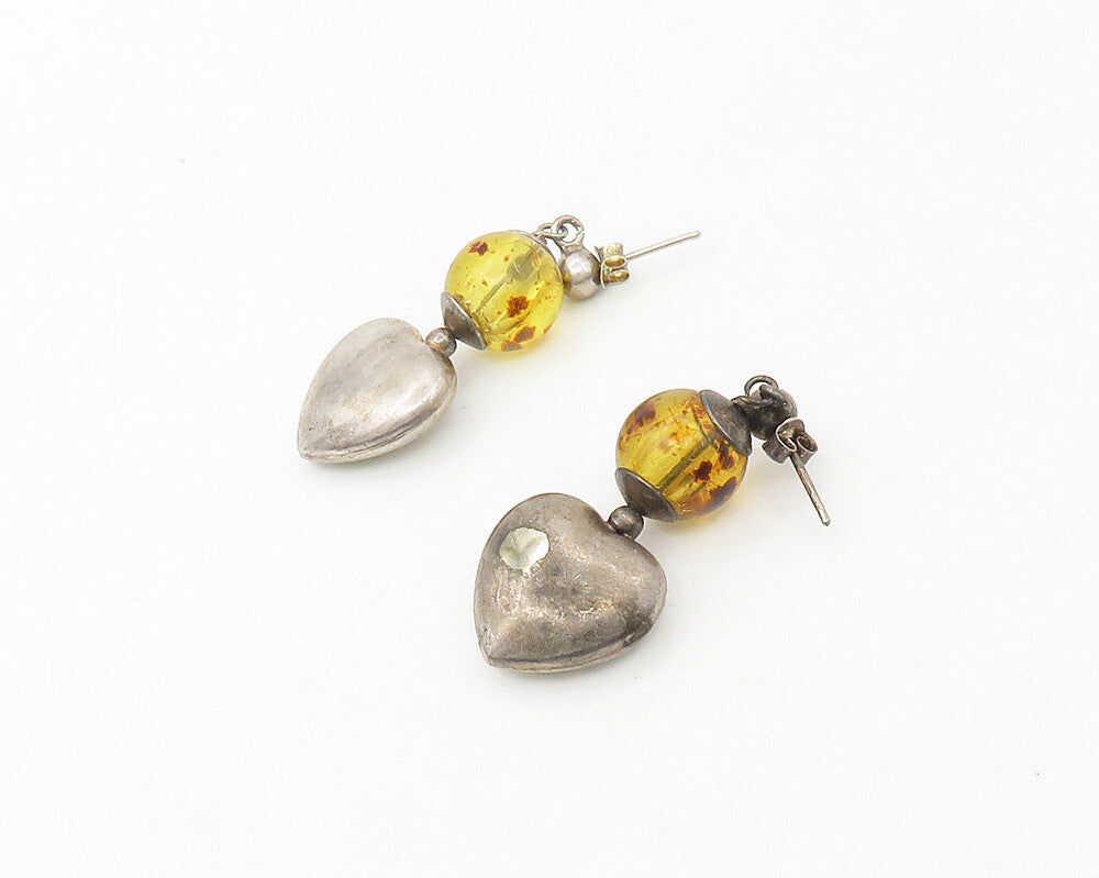 925 Sterling Silver  Vintage Amber Ball Bead Love Heart Drop Earrings  EG8885